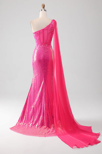 Sparkly fucsia sirena monospalla appliques abito da ballo con fessura